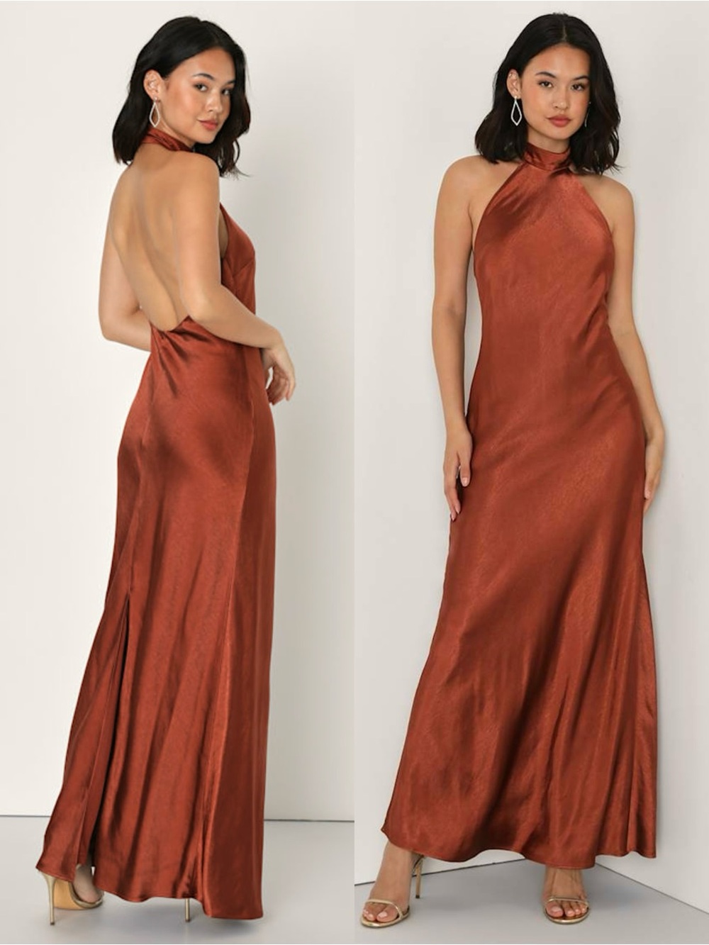 LULUS Copper Satin‎ Halter Neck Open Back Old Money Wedding Guest Slip Dress L